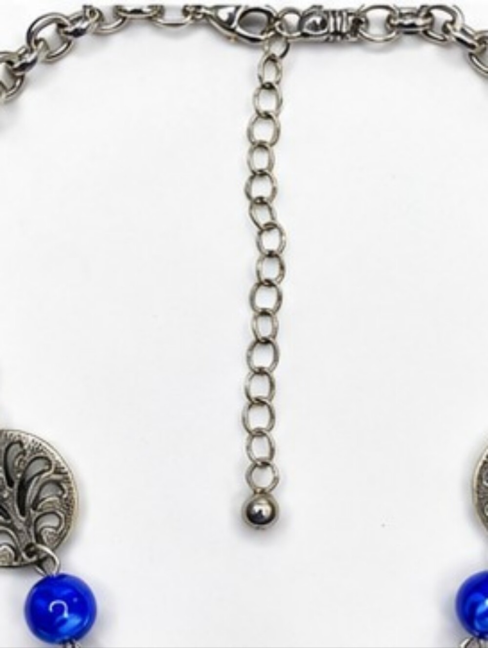 Artisan Boho Statement Necklace Blue Marbled Glass Cabochons Silver Tone Festiva - Picture 6 of 7
